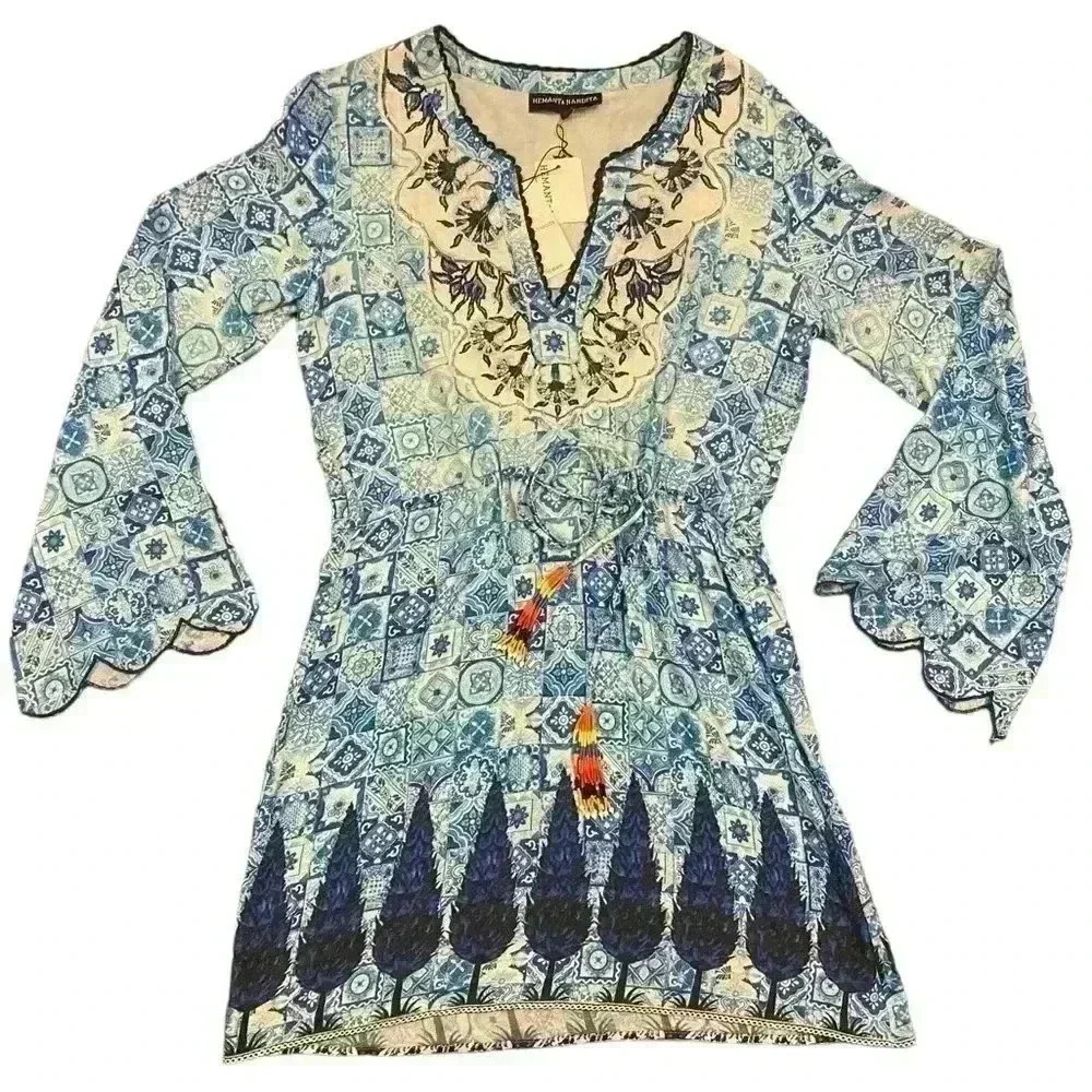 NWT Hemant & Nandita Blue Tie Waist Dress With Beaded Tassels Size Small